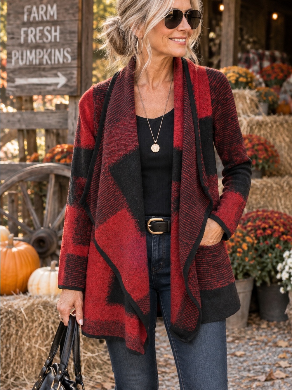 Lucky Brand S/P Red Black Plaid Open Front Cardigan Sweater Jacket Boho Fall